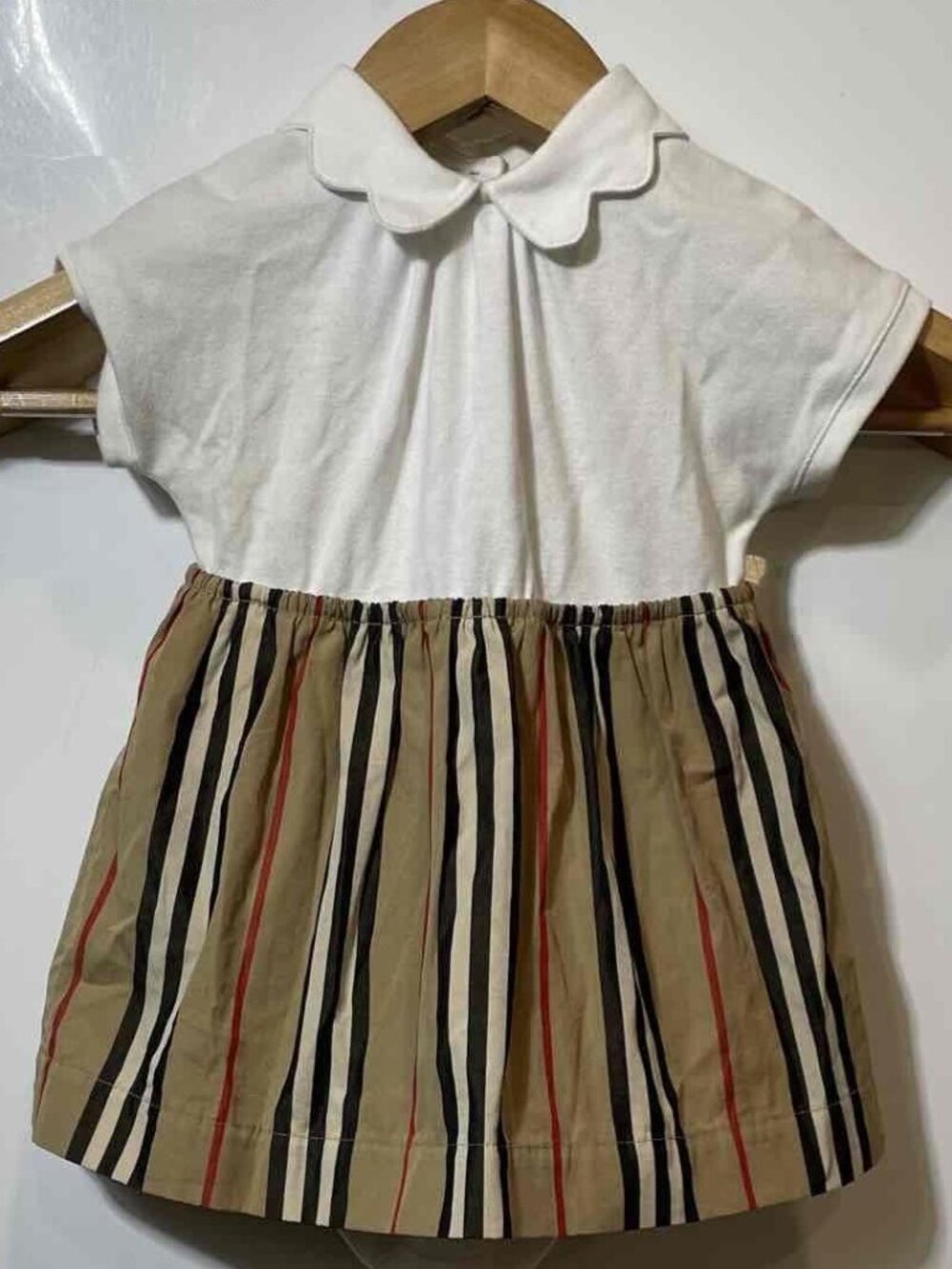 AUTHENTIC BURBERRY GIRLS WHITE BROWN SHORT SLEEVE COLLARED A-LINE DRESS SIZE 6M